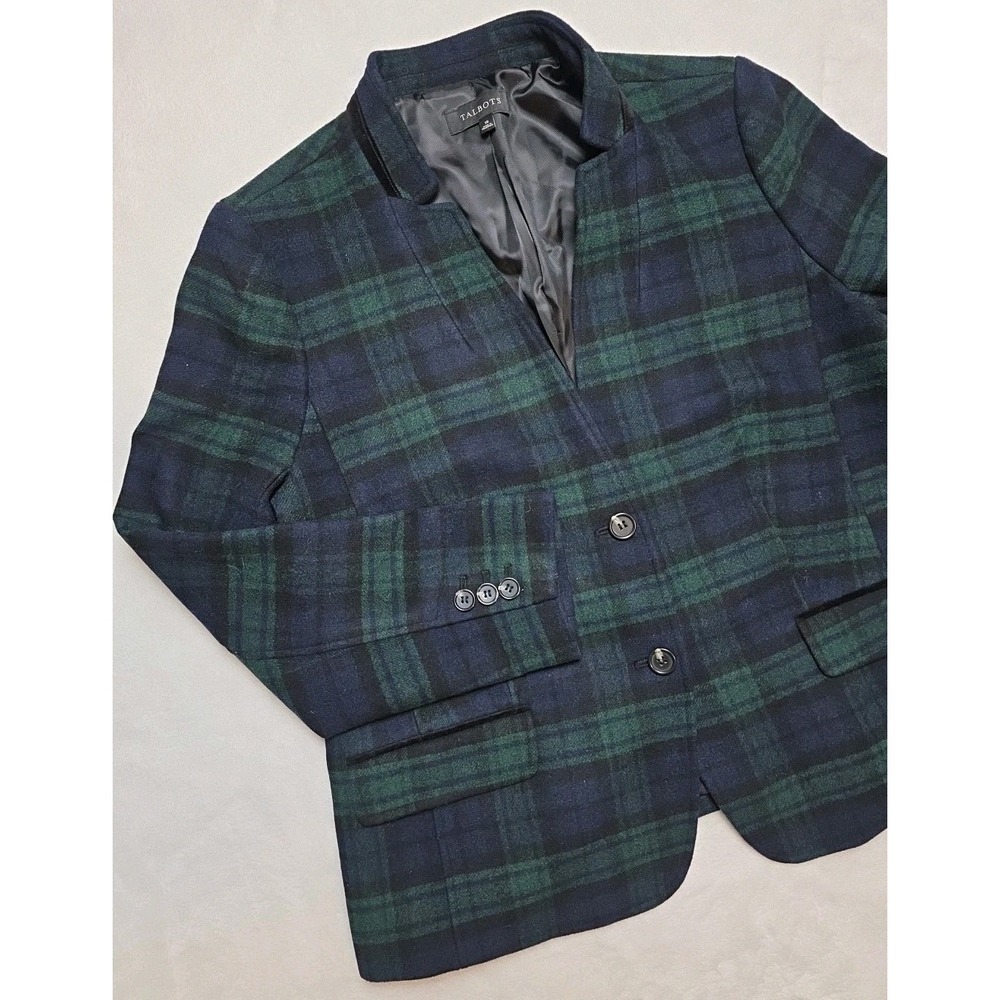 Talbots Tartan Plaid Blazer Womens Size 18 Green Black Blue Wool Career NWOT